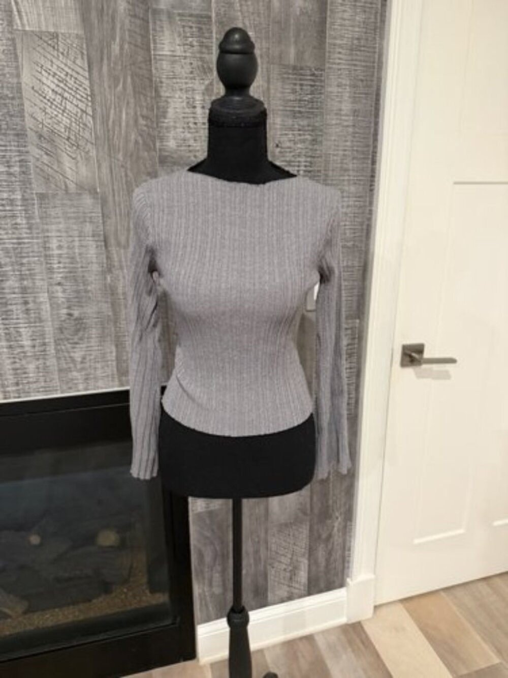 Miou Muse Grey Ribbed Long Sleeve Knit Top S